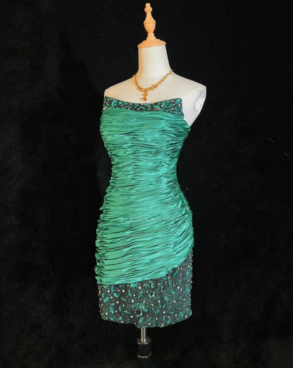 Vintage Sheath Strapless Green Short Mini Length Pleated Party Dress Cocktail Gown Homecoming Dresses N3903