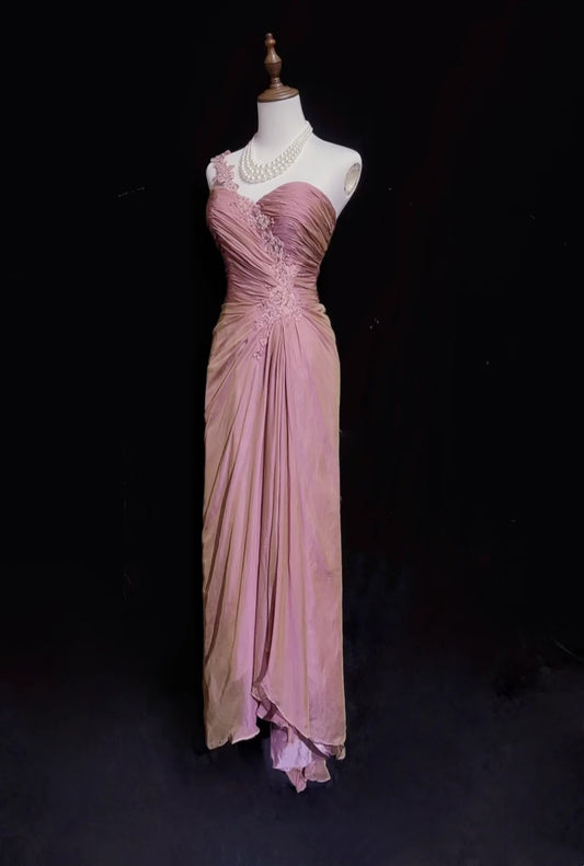 Vintage Prom Dresses Sheath One Shoulder Pink With Appliques 1960s Long Formal Gown N2608