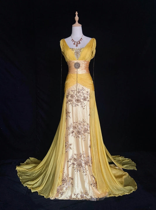 Modest Prom Dresses Mermaid V Neck Yellow Chiffon With Beading Gold Lace Long Formal Evening Dress N3867