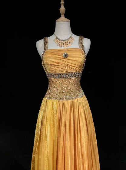 Vintage Prom Dresses A Line Square Neck Yellow Pleated 70s With Beads Formal Gown N2535