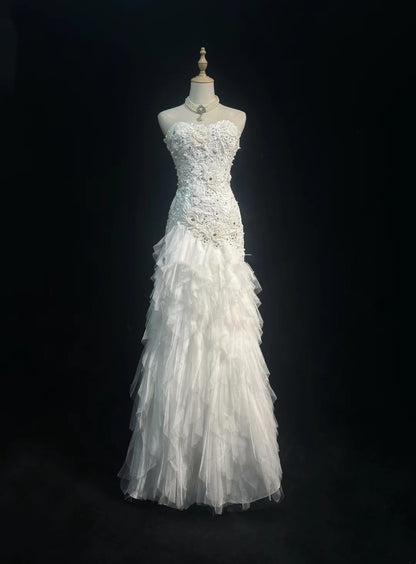 Simple Wedding Dresses Mermaid Sweetheart Lace And Tulle White Summer Beach Long Wedding Gown N3832