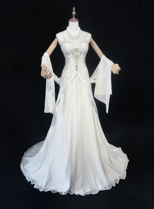 Timeless Wedding Dresses Mermaid Spaghetti Strap White Chiffon With Scarf Long Bridal Gown N3063