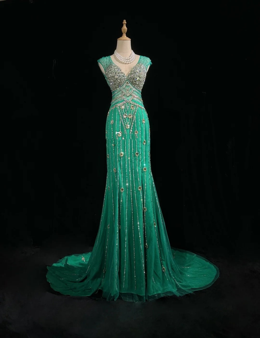 Vintage Mermaid V Neck Green Backless Open Backs Evening Long Prom Dresses Formal Outfits RB3941