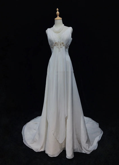 Unique Wedding Dresses A line V Neck White Chiffon Beach Summer Boho Long Bridal Gown N3298