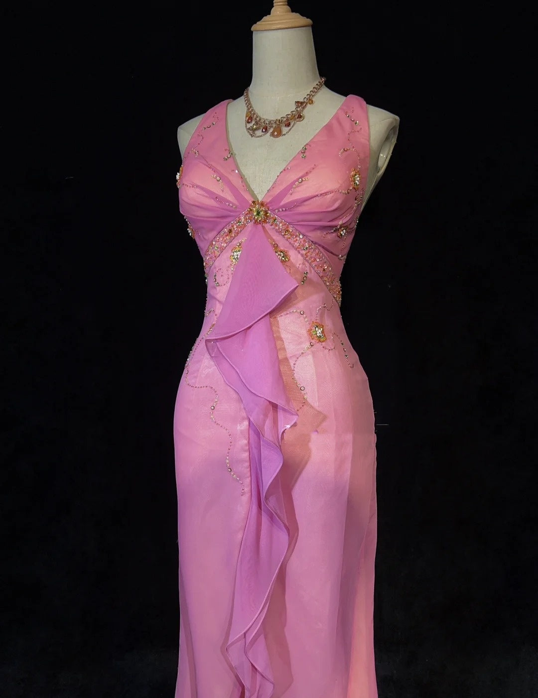 Modest Prom Dresses Inspo Mermaid V Neck Pink Chiffon With Ruffled Beading For Women Formal Dress N3231