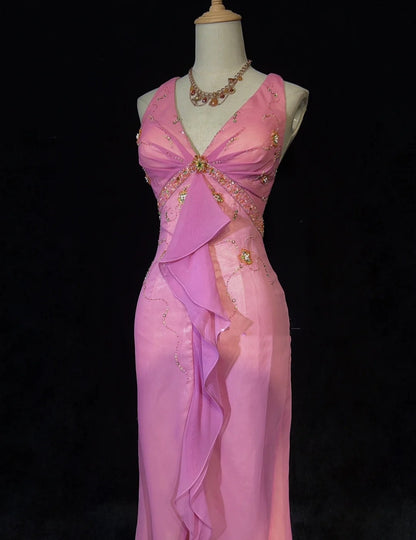 Modest Prom Dresses Inspo Mermaid V Neck Pink Chiffon With Ruffled Beading For Women Formal Dress N3231