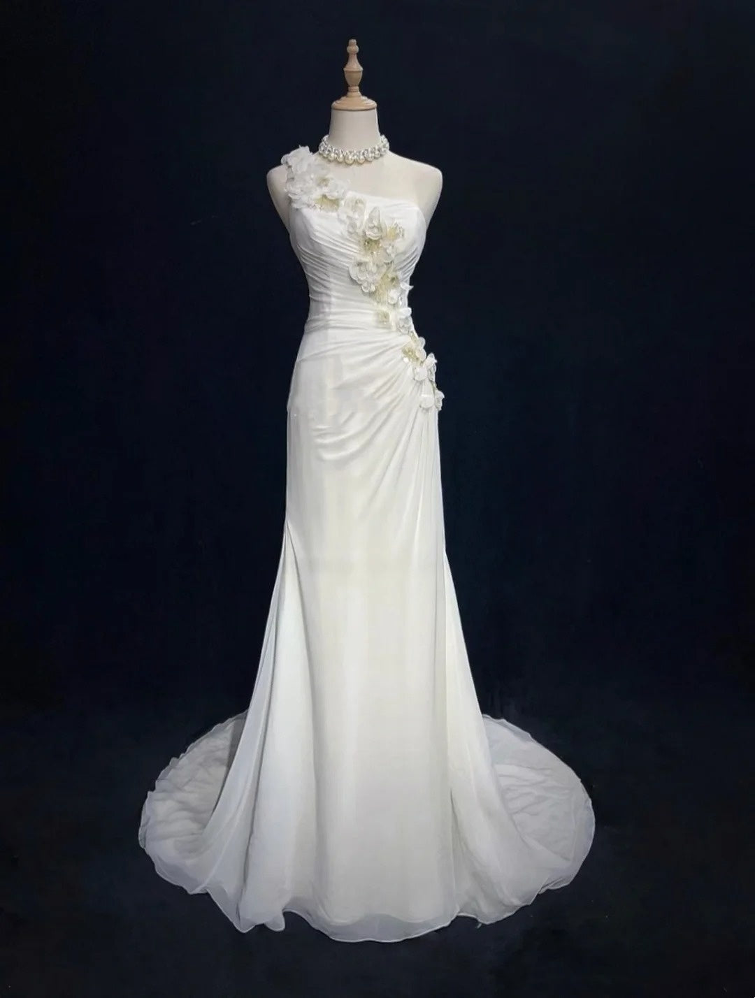 Unique Wedding Dresses Mermaid One Shoulder White Chiffon With Beading Summer Garden Long Bridal Gown N3679