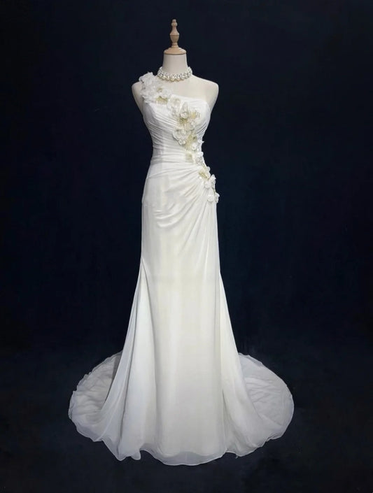 Unique Wedding Dresses Mermaid One Shoulder White Chiffon With Beading Summer Garden Long Bridal Gown N3679
