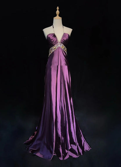 Vintage Prom Dresses 90s Mermaid Halter Grape Backless With Beading Long Semi Formal Evening Dress N3667