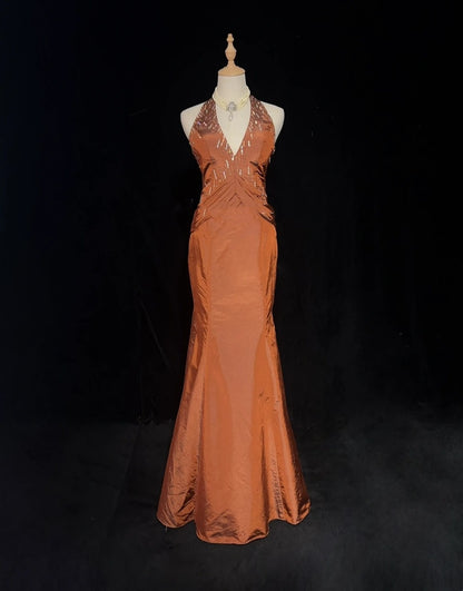 Vintage Prom Dresses Mermaid Halter Orange Taffeta With Beads 90s Long Evening Gown N2917