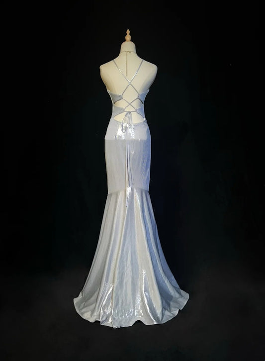 Vintage Prom Dresses Inspo Mermaid Spaghetti Strap Silver Backless 80s Long Formal Gown N2741