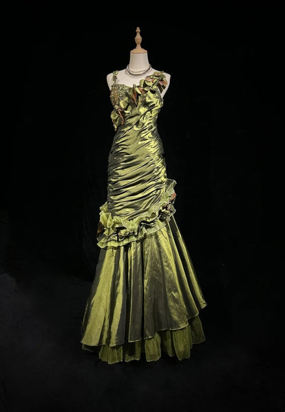 Vintage Prom Dresses Mermaid Olive Green Satin With Beading 90s Long Formal Gown N2591