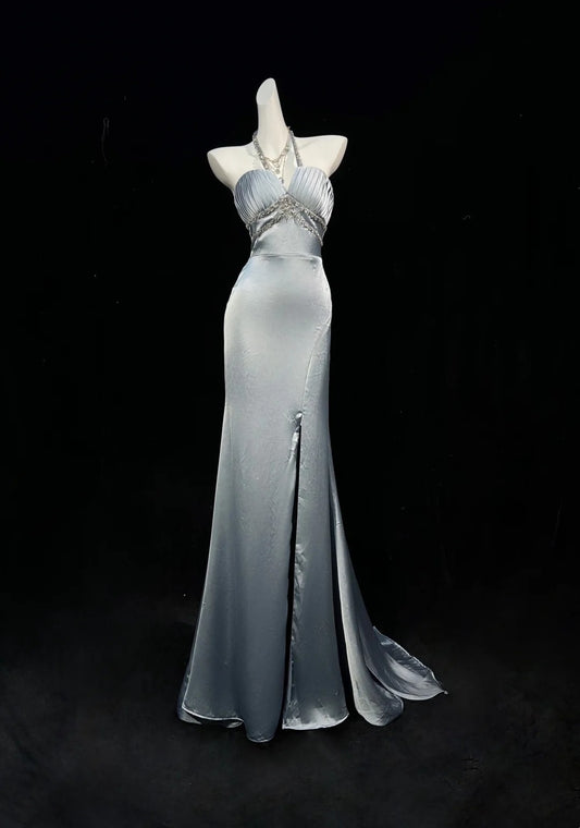 Vintage Prom Dresses 1950s Mermaid Halter Silver Gray With Split Sleeveless Evening Formal Outfits RB4341