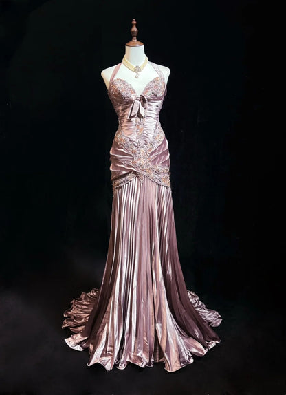 Vintage Prom Dresses 80s Mermaid Halter Pink Satin With Ruffled Long Evening Outfits N3452