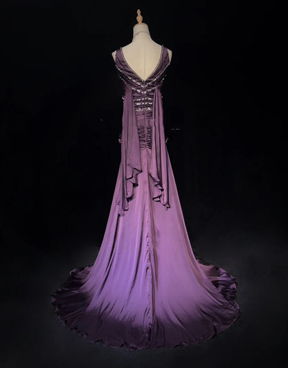 Vintage Prom Dresses Mermaid V Neck Purple Chiffon 80s With Beading Long Formal Evening Outfits N3896