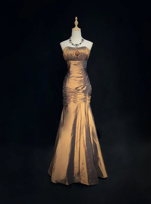 Vintage Prom Dresses Mermaid Strapless Sleeveless Taffeta 90s Long Formal Gown N2898