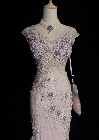 Vintage Prom Dresses 80s Mermaid V Neck Pink Lace Applique Long Formal Evening Outfits N3481