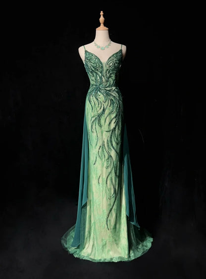 Vintage Prom Dresses Mermaid Spaghetti Strap Green Beaded 90s Long Formal Evening Gown N2649