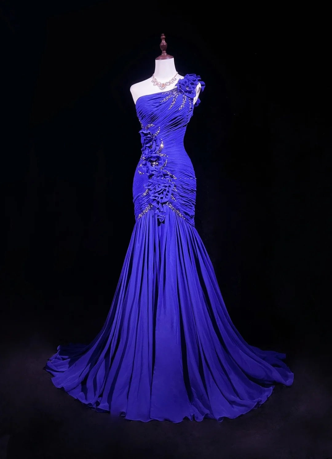 Vintage Prom Dresses Mermaid One Shoulder Royal Blue Chiffon With Beading 3D Flowers Long Formal Dress N2458