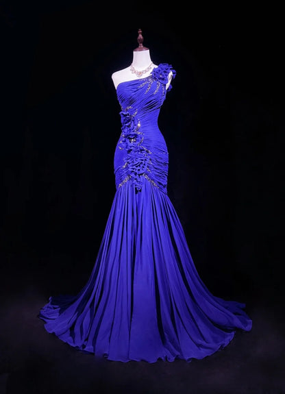 Vintage Prom Dresses Mermaid One Shoulder Royal Blue Chiffon With Beading 3D Flowers Long Formal Dress N2458