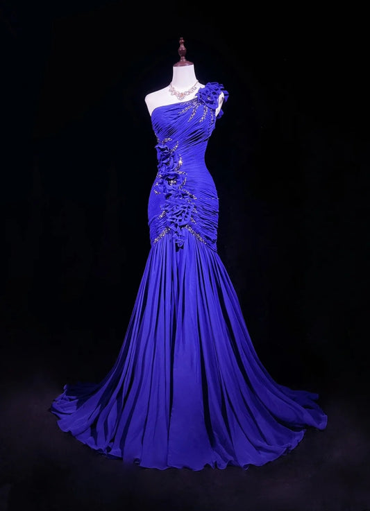 Vintage Prom Dresses Mermaid One Shoulder Royal Blue Chiffon With Beading 3D Flowers Long Formal Dress N2458