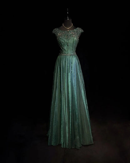 Vintage Prom Dresses A line Scoop Dark Green Tulle With Beading 90s Formal Gown N2590