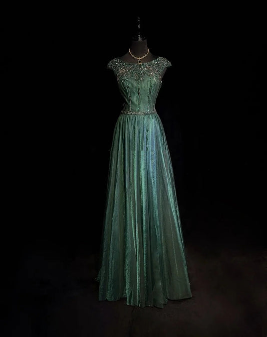 Vintage Prom Dresses A line Scoop Dark Green Tulle With Beading 90s Formal Gown N2590