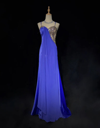 Vintage Prom Dresses Mermaid Spaghetti Strap Royal Blue 70s With Beading Long Formal Party Dress N2516