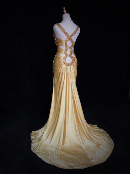 Vintage Prom Dresses Inspo Mermaid Sweetheart With Straps Gold Satin 90s With Beading Formal Gowns N3342