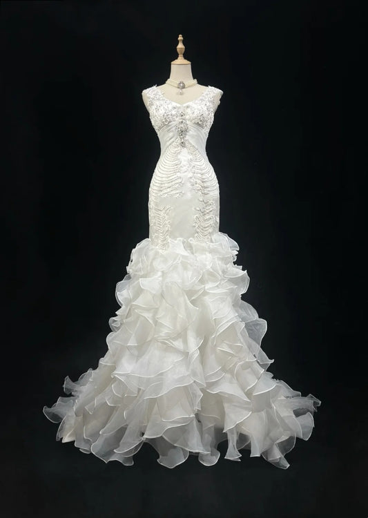 Vintage 90s Wedding Dresses Mermaid V Neck Tiered Layers White Beading Summer Garden Long Bridal Gown N3826