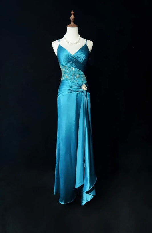 Vintage Prom Dresses Mermaid Spaghetti Strap Blue Satin 1990s Long Formal Evening Gown N2643