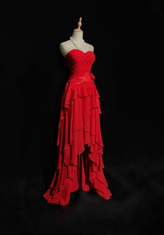 Vintage Prom Dresses A Line Sweetheart Red 70s With Ruffles Chiffon Long Formal Party Dress N2524