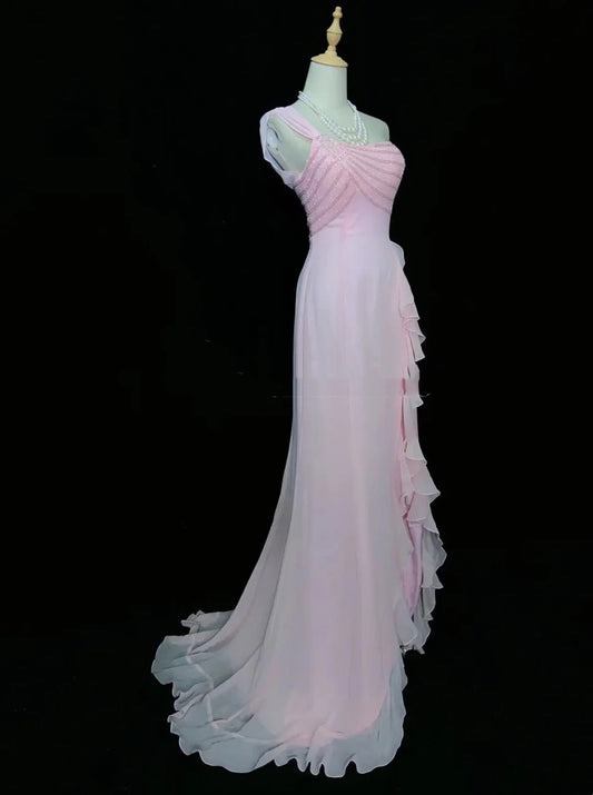 Vintage Prom Dresses 80s Mermaid One Shoulder Pink Chiffon Sleeveless With Beading Semi Formal Evening Outfits N3620