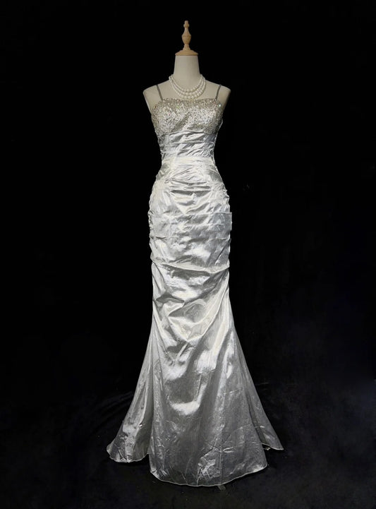 Charming Prom Dresses Mermaid Spaghetti Strap Silver Gray With Beaded Long Formal Evening Outfits N3687