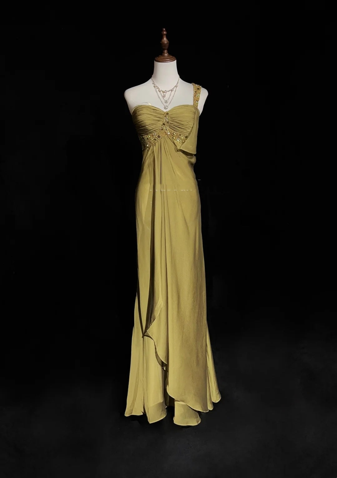 Vintage Prom Dresses A line One Shoulder Gold Chiffon 1990s Long Formal Evening Gown N2664