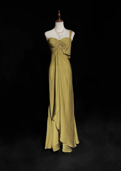 Vintage Prom Dresses A line One Shoulder Gold Chiffon 1990s Long Formal Evening Gown N2664