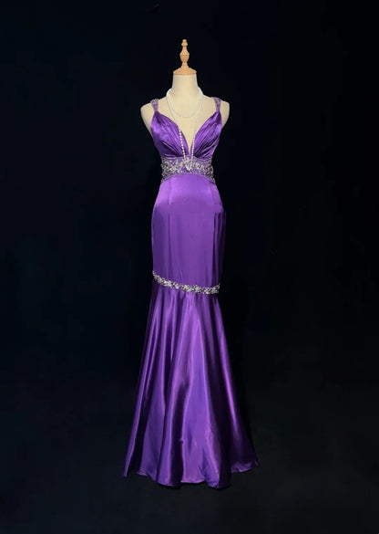 Vintage Prom Dresses Mermaid Spaghetti Strap 80s Satin With Beading Backless Long Formal Party Dress N2515