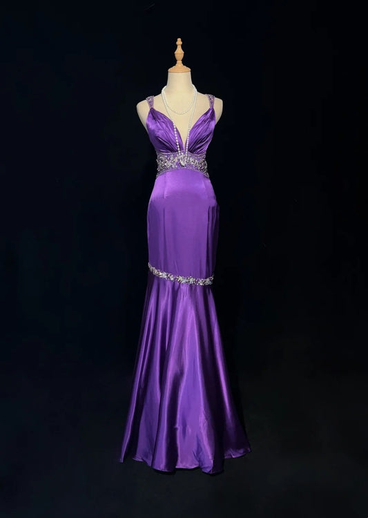 Vintage Prom Dresses Mermaid Spaghetti Strap 80s Satin With Beading Backless Long Formal Party Dress N2515