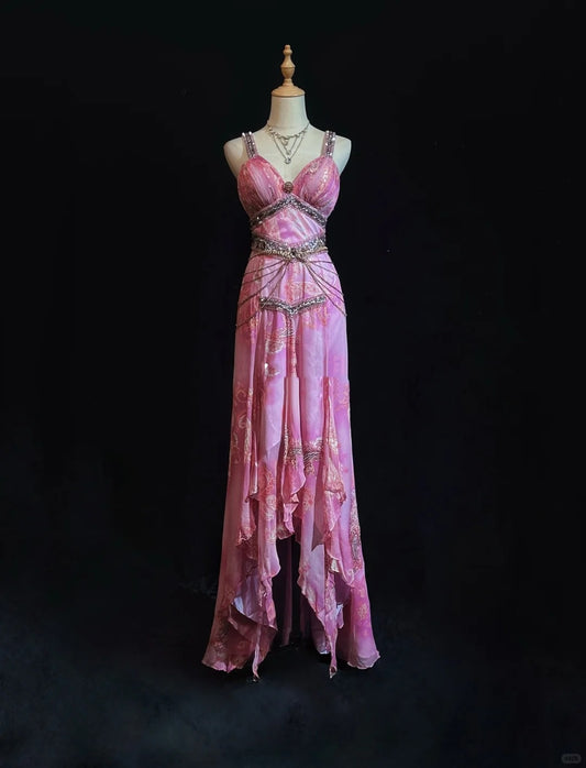 Vintage Prom Dresses Inspo A line High Low Pink Chiffon With Beads 80s Long Formal Gown N2734