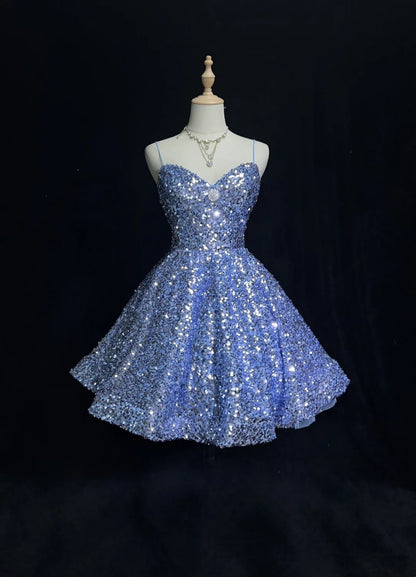 Pretty Ball Gown Spaghetti Strap Blue Sequin Short Mini Homecoming Dresses N2440