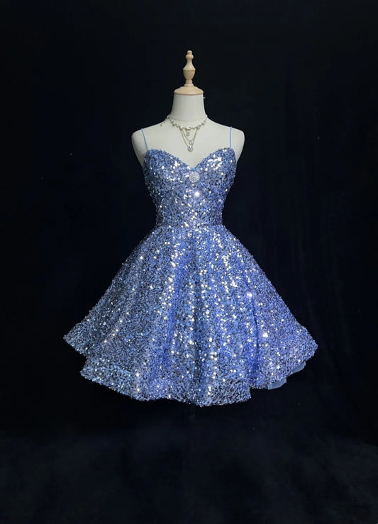 Pretty Ball Gown Spaghetti Strap Blue Sequin Short Mini Homecoming Dresses N2440