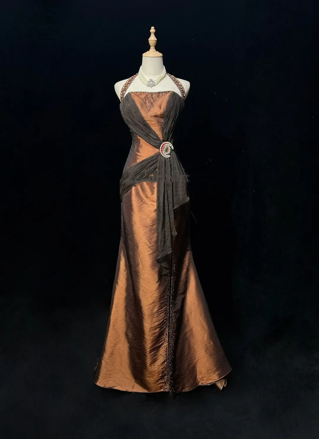 Vintage Prom Dresses Mermaid Halter Brown Taffeta With Beads 1950s Long Formal Gown N2598