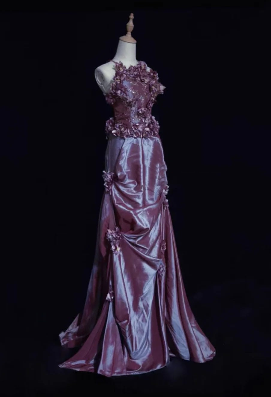 Grape Prom Dress Inspo Mermaid Halter Satin With Appliques Long Formal Party Gown RC0096