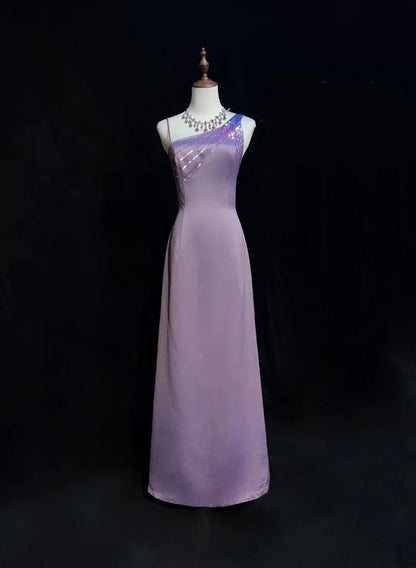 Vintage Prom Dresses A Line Lilac Satin Sleeveless 70s Beads Formal Gown N2568