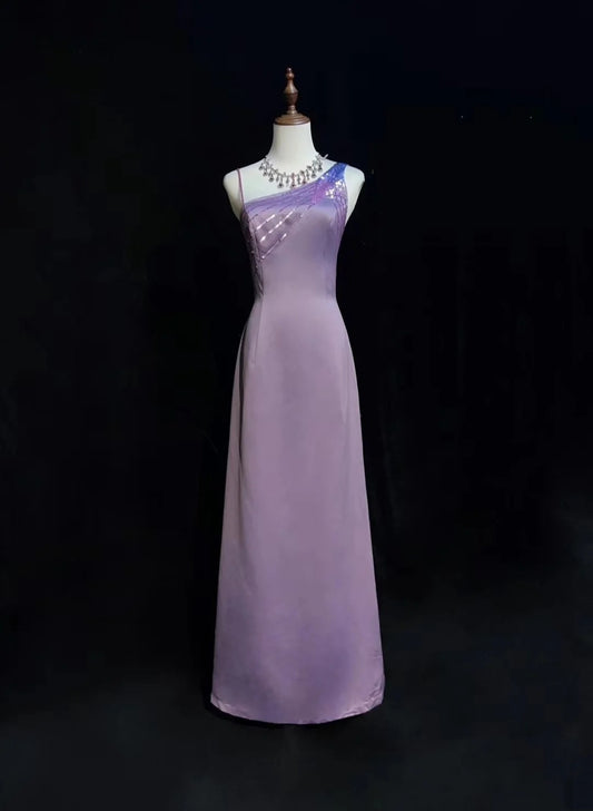 Vintage Prom Dresses A Line Lilac Satin Sleeveless 70s Beads Formal Gown N2568