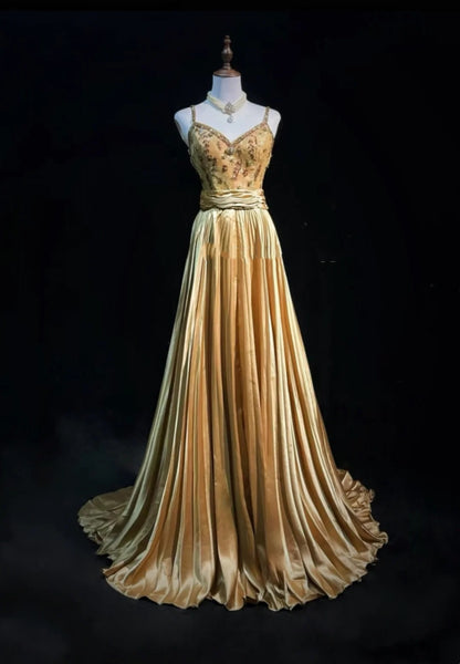 Vintage Prom Dresses 1950s A line Spaghetti Straps Gold Satin With Beads Sleeveless Evening Formal Outfits RB4335