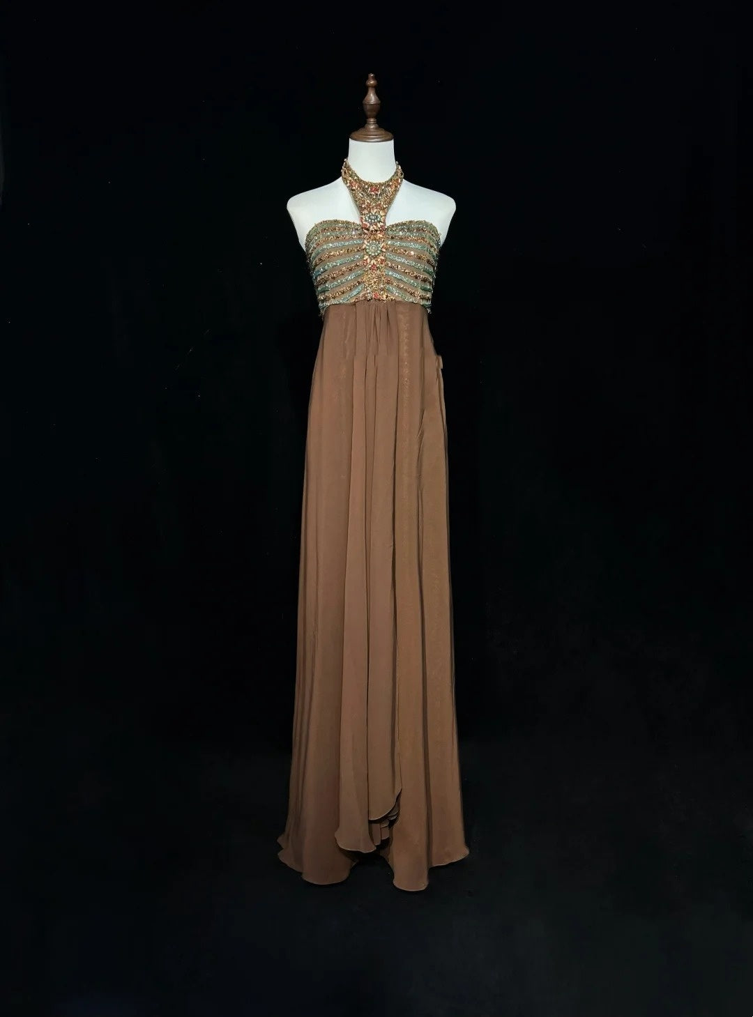 Vintage Prom Dresses A line Halter Brown Chiffon With Beading 90s Long Formal Gown N2592