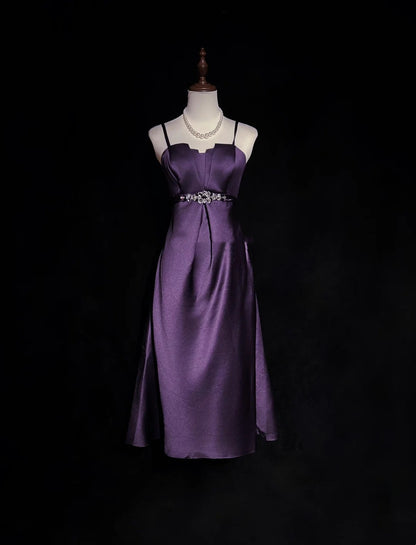 Simple Prom Dresses A Line Spaghetti Strap Grape Tea Length Formal Party Dress N2530