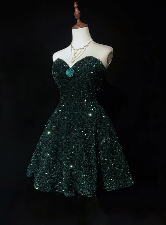 Vintage Ball Gown Sweetheart Dark Green Sequined Y2K 2000s Short Mini Homecoming Dresses N3108