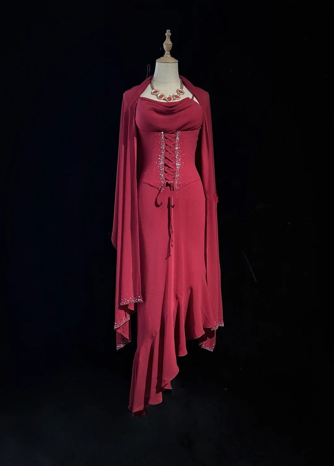Retro Sheath Spaghetti Straps Red Irregular Tea Length Chiffon With Cape Prom Dresses Formal Party Outfits RB3953